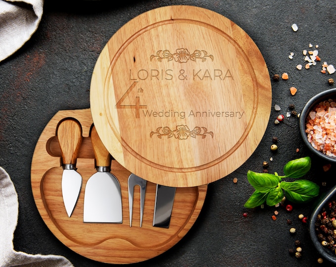 Wooden Personalised Cheese Board Set with Accessories compartment anniversary design Custom Engraved Kitchen Gift