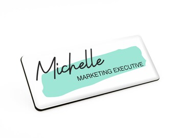 Professional Turquoise Brush Style Premium Personalised Durable Custom Staff Name Badge 76 x 32mm White/Black