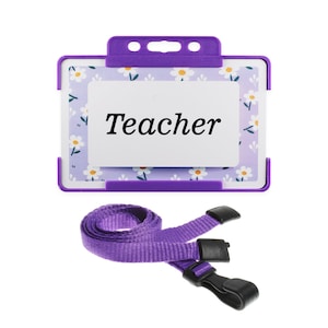 Carte pour professeur avec bordure marguerite violette avec porte-badge rigide violet et cordon