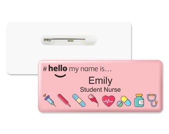 Badge médical personnalisé #Hello My Name is rose avec finition en résine, médecin premium, étudiant infirmier, personnel médical du NHS, généraliste, sage-femme, 76 x 32 mm