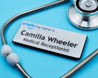 Blue Hello My Name is White Name Badge Resin Finish Personalised Premium Custom Durable White/Black 76 x 25mm