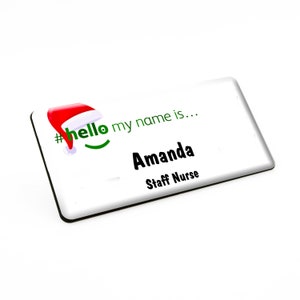 Hello My Name is Christmas Santa Hat Premium Durable Staff Name Badge 76 x 38mm White/Black