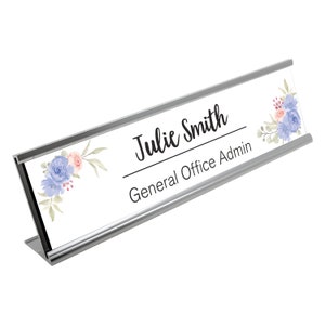 Blue Pink Flowers Desk Plaque with Black Name and Job Title Gold or Silver Stand Modern Stylish Desk Accessories