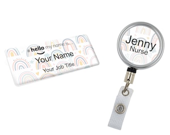 Resin Finish Hello My Name Is Name Badge and ID Reel Personalised Rainbow Student Nurse Midwife Hospital NHS  Nursery Preschool Rainbow