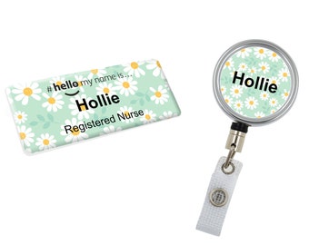 Resin Finish Hello My Name Is Name Badge and Retractable ID Reel Personalised Student Nurse Midwife Hospital NHS Nursery Preschool Daisy
