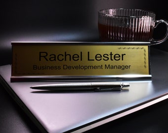 Personalised Desk Plaque with Black Text Desk Plaque Name and Job Title Gold or Silver Stand Modern Stylish Desk Accessories