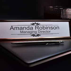 Customised Desk Plaque with Black Text Desk Plaque Name and Job Title Gold or Silver Stand Modern Stylish Desk Accessories