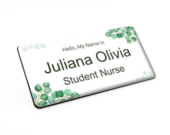 Hello My Name is Pastel Green Corner Plants Premium Personalised Durable Custom Staff Name Badge 76 x 38mm White/Black