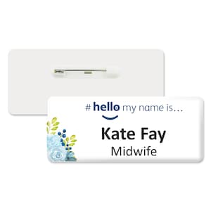 Navy Hello My Name Is Blue Corner Flowers Premium Durable Personalised Name Badge 76 x 32mm