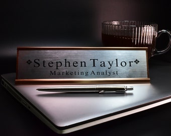 Black Symbol with Black Text Desk Plaque Name and Job Title Gold or Silver Stand Modern Stylish Desk Accessories