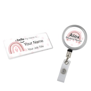 Finition résine Bonjour badge nominatif et bobine d'identité arc-en-ciel personnalisé étudiant infirmière sage-femme hôpital nhs crèche préscolaire polka