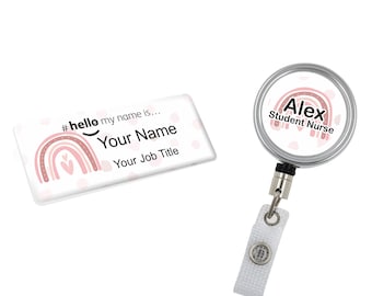 Resin finish hello my name is name badge and id reel personalised rainbow student nurse midwife hospital nhs nursery preschool polka