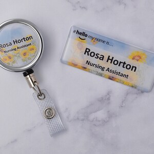 Resin Finish Hello My Name Is Name Badge and ID Reel Personalised Rainbow Student Nurse Midwife Hospital NHS Nursery sunflower zdjęcie 3