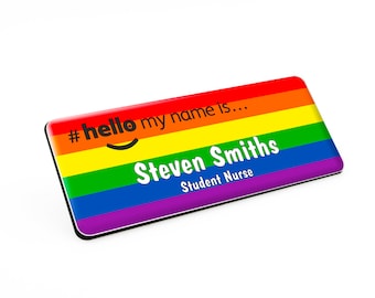 Horizontal Rainbow Hello My Name Is Premium Durable Personalised Name Badges Magnet White Black 76 x 32mm