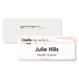 Puede incluir: Etiqueta de nombre de plástico blanco con un diseño abstracto colorido. El texto dice "#hello my name is... Julie Hills Health Trainer".