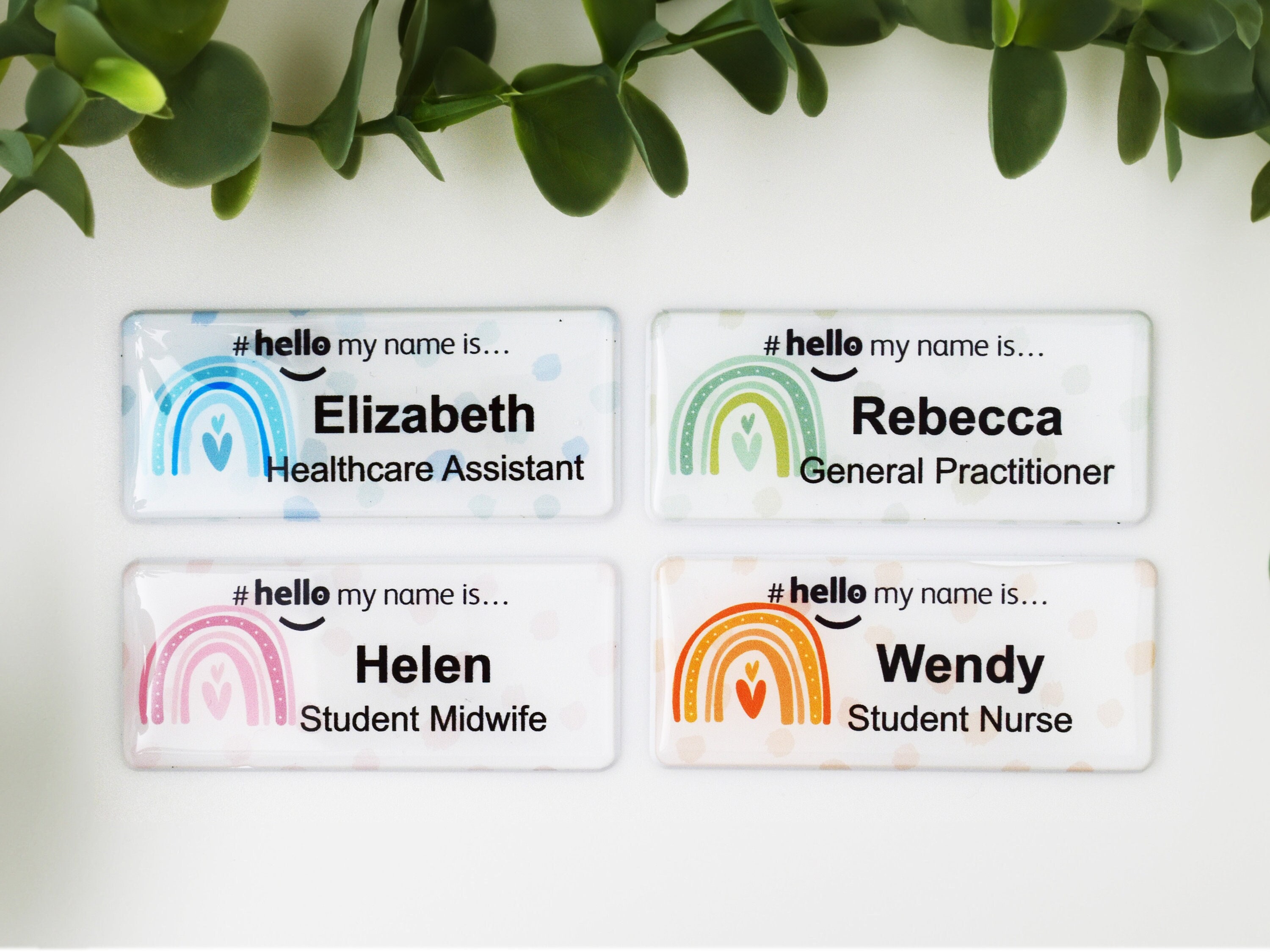 Resin Finish Personalised Rainbow polka Dot Hello My Name Is Name Badge Nurse Midwife Hospital NHS Practitioner Nursery Preschool 76 x 32mm