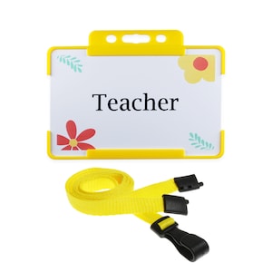 Carte de professeur jaune fleurs orange - Porte-badge rigide jaune et lanière