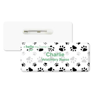 Bonjour, je m'appelle, motif empreinte de patte, insigne premium bombé blanc blanc 76 x 32 mm Médecin Infirmière praticienne Soins de santé Personnel médical GP