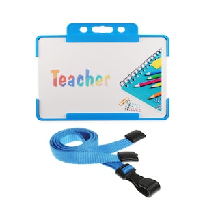 Carte bleue avec texte multicolore pour enseignant - Porte-badge rigide bleu clair et lanière