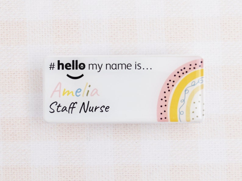 Resin Finish Hello My Name Is Rainbow Name Badge Reel Student Nurse Doctor Midwife Hospital NHS Practitioner Nursery school preschool zdjęcie 5