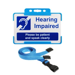 Carte pour malentendants - Veuillez patienter - Porte-badge rigide bleu clair et tour de cou