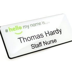 Resin Finish Green Hello My Name Is White Name Badge Various Sizes Available NHS Staff Registered Nurse Doctor Student Midwife White/Black image 1