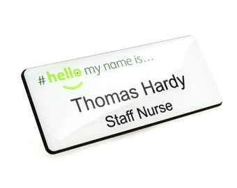 Resin Finish Green Hello My Name Is White Name Badge Various Sizes Available NHS Staff Registered Nurse Doctor Student Midwife White/Black