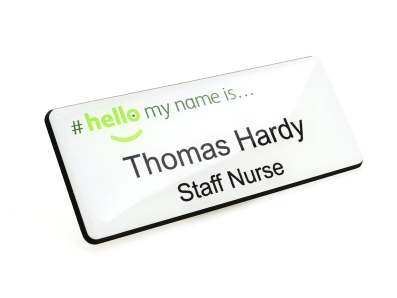 Resin Finish Green Hello My Name Is White Name Badge Various Sizes Available NHS Staff Registered Nurse Doctor Student Midwife White/Black image 1