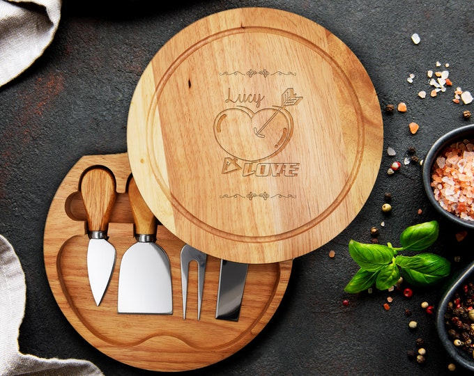 Wooden Personalised Cheese Serving heart design Board Set with Accessories Custom Engraved Kitchen Gift