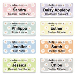 May include: Eight rectangular name badges with rounded corners, each displaying a name and profession against a pastel background. The badges are adorned with small white daisy patterns and the text "#hello my name is..."