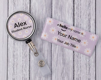 Resin Finish Hello My Name Is Name Badge and ID Reel Personalised Rainbow Student Nurse Midwife Hospital NHS  Nursery Preschool Daisy