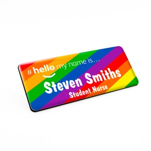 Diagonal Rainbow Hello My Name Is Premium Durable Personalised Name Badges Magnet 76 x 32mm White/Black