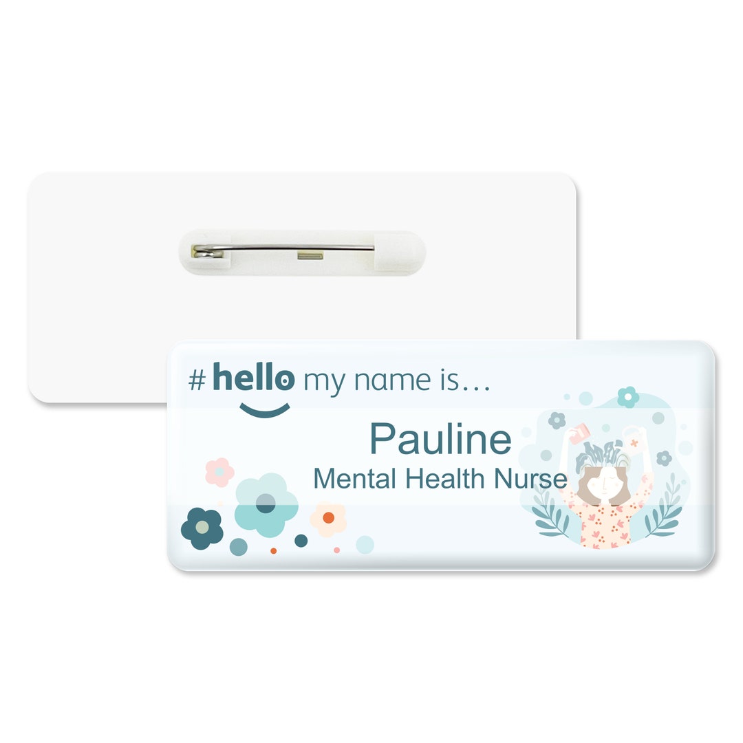 Hello My Name is Logo Blue Flower Badge Premium Domed White Etsy