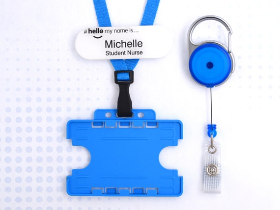 Gift Set Personalised Oblong Hello My Name is Name Badge, Blue Lanyard,  Blue ID Card Holder and Pulley Reel Graduate Student Nurse Midwife -  UK