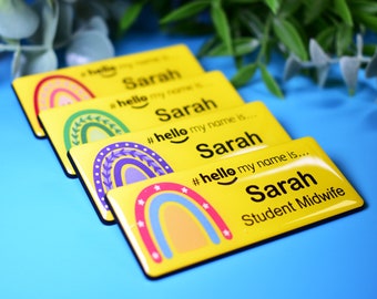 Resin Finish Personalised #Hello My Name Is... Yellow Rainbow Elements Name Badge Student Nurse Midwife Hospital NHS healthcare 76 x 32mm