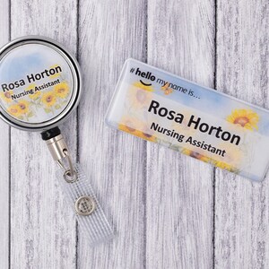 Resin Finish Hello My Name Is Name Badge and ID Reel Personalised Rainbow Student Nurse Midwife Hospital NHS Nursery sunflower zdjęcie 4