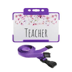 Carte supérieure rouge fleurs violettes pour enseignant - Porte-badge rigide et lanière violets