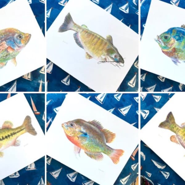 Set of 6 fish prints, 8”x10” hand-embellished by artist from my original watercolors, wall room decor, fish art