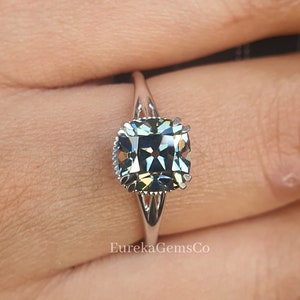Antique Old Mine Cushion Cut Ring, Dark Grey Moissanite Ring, Solitaire Sterling Silver Ring, Vintage Milgrain  Ring Art Deco Ring For Women