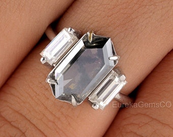 Hexagon Salt And Pepper Ring, Three Stone Engagement Ring, Vintage Baguette Cut Wedding Ring, 14K White Gold Ring, Art Deco Ring For Women