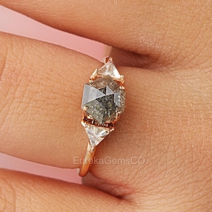 Hexagon Cut Salt And Pepper Engagement Ring, Triangle Cut Wedding Ring, 18K Gold Ring, 3 Stone Grey Diamond Rings, Womens Anniversary Gift