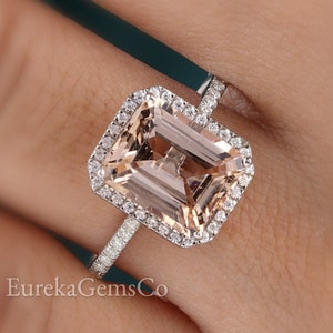 Morganite Engagement Ring Rose Gold Diamond Wedding Band 10x8mm Emerald Cut Pink Morganite Ring Bridal Promise Ring 14K Gemstone Anniversary