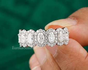 3mm Oval Cut Moissanite Band, Half Eternity Band, Moissanite Halo Ring, Sterling Silver Ring, Oval Halo Ring, Halo Moissanite Ring, Handmade