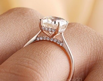 Elongated Cushion Cut Moissanite Engagement Ring, 18k Rose Gold Bridal Wedding Jewelry For Wife, Solitaire Engagement Ring, Hidden Halo Ring