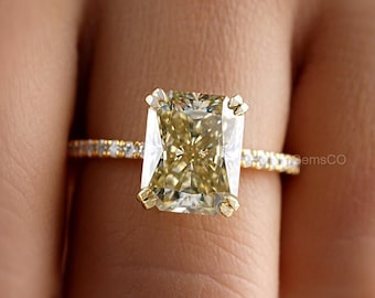 Canary Yellow Moissanite Ring Colored Moissanite Ring Yellow Diamond Engagement Ring Radiant Cut Solitaire Ring Fancy Diamond 14k Gold Rings