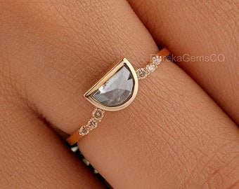 Half Moon Cut Ring, Salt and Pepper Diamond Ring, Vintage Bezel Set Wedding Ring, 10K Rose Gold Bridal Promise Ring, Minimalist Ring For Her