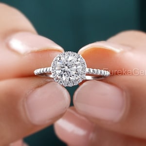 Classic Round Cut Engagement Ring, Moissanite Halo Ring, White Gold Ring For Women, Round Moissanite Half Eternity Band, Anniversary Gift