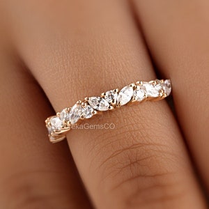Half Eternity Band, Marquise And Round Cut Diamond Wedding Band, Gold Moissanite Promise Ring, Alternative Bridal Matching Stackable Band
