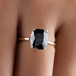 Black Tourmaline Ring, Cushion Cut Black Onyx Ring, Solitaire Diamond Ring, Promise Ring, Female Simple Bridal Ring For Wedding, Black Stone