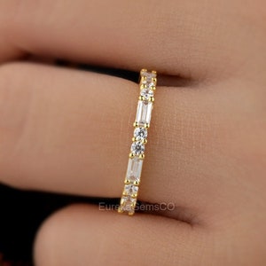 Half Eternity Wedding Band, Vintage Baguette Cut Moissanite Band, 10K Yellow Gold Engagement Ring, Dainty Matching Bridal Promise Ring Women